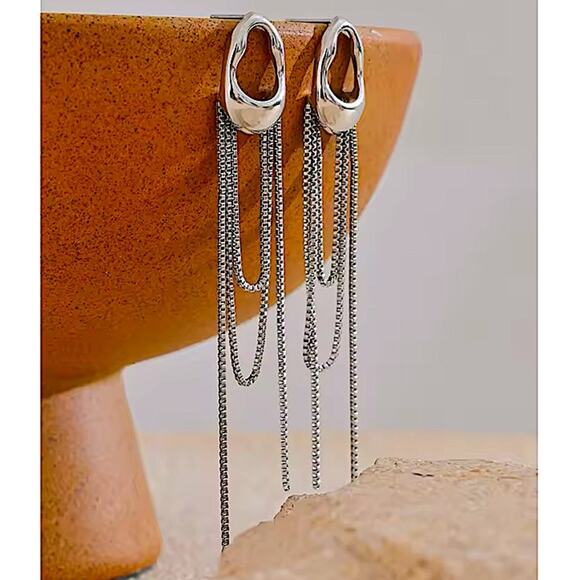 Stainless Steel Silver Geometric Dangle Earrings - Picture 2 of 4